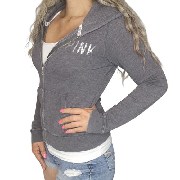 Victorias Secret Pink Sweater Womens XS Gray Silver Sequin Sparkly Full Zip - Picture 4 of 16